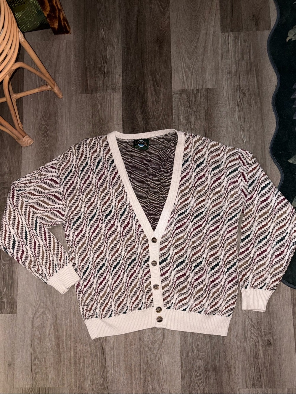 Jantzen Multicolor Knit Button-Front Cardigan with Cream Trim